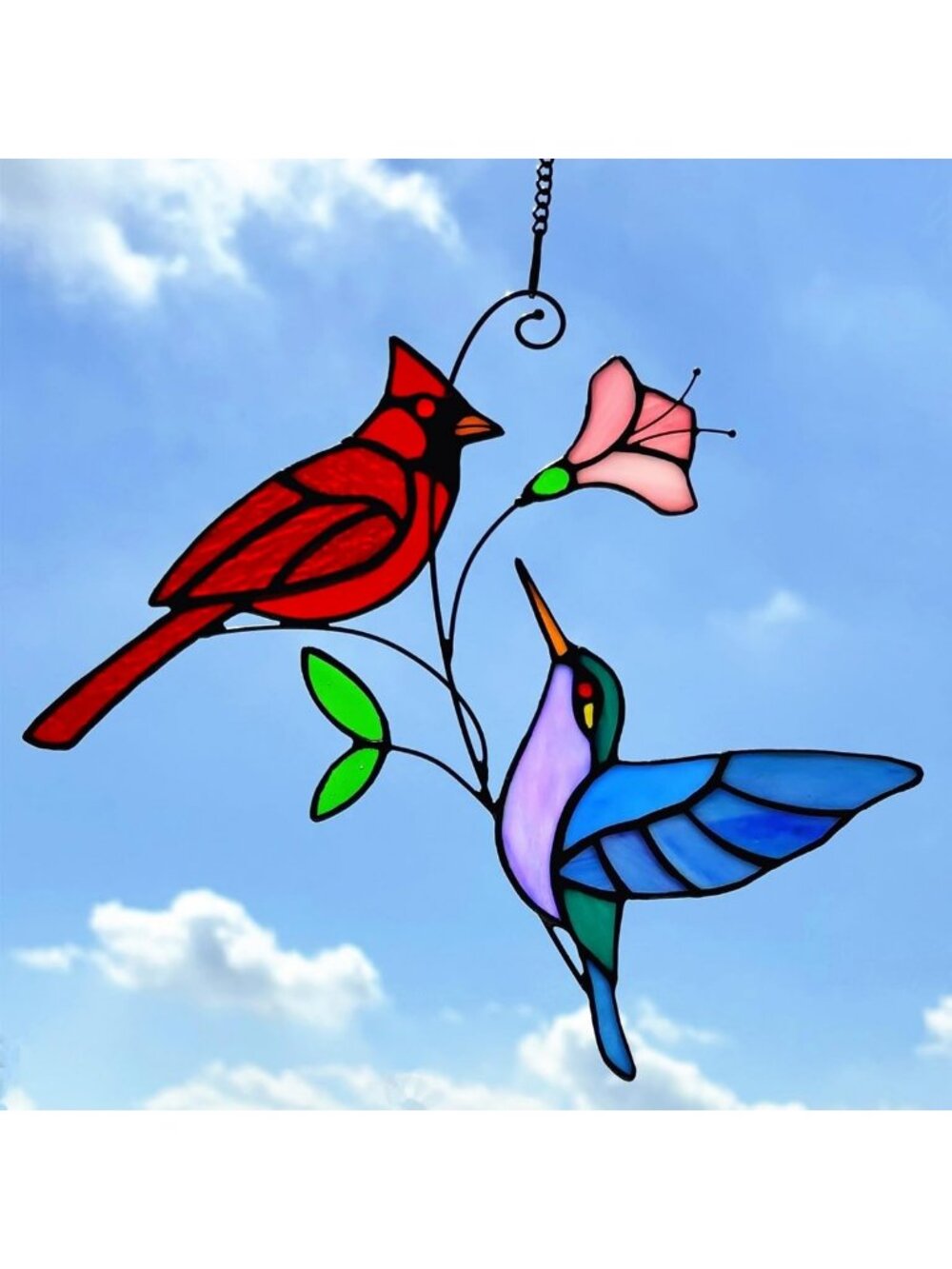 Stained Glass Cardinal & Hummingbird Suncatcher - Window Decor Gift for Bird